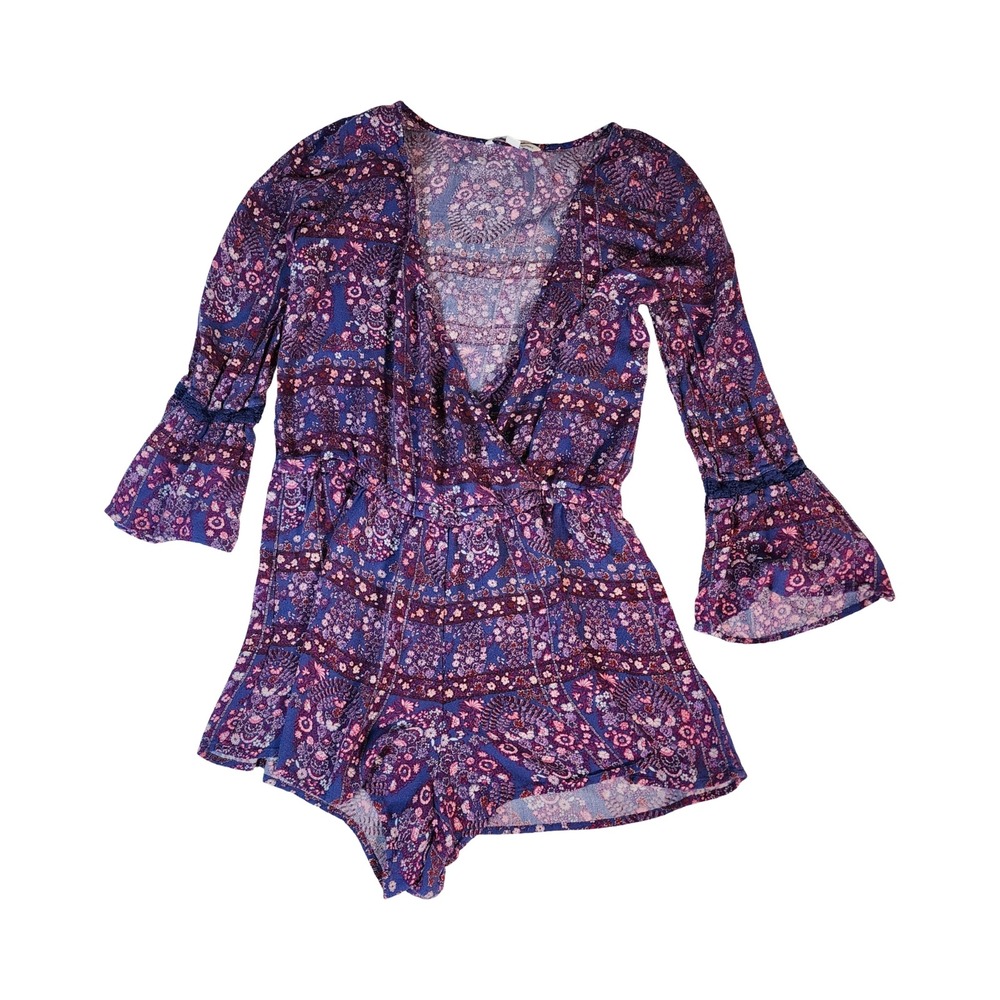 American Eagle Purple Floral‎ Paisley Bell Sleeve Boho Romper XS